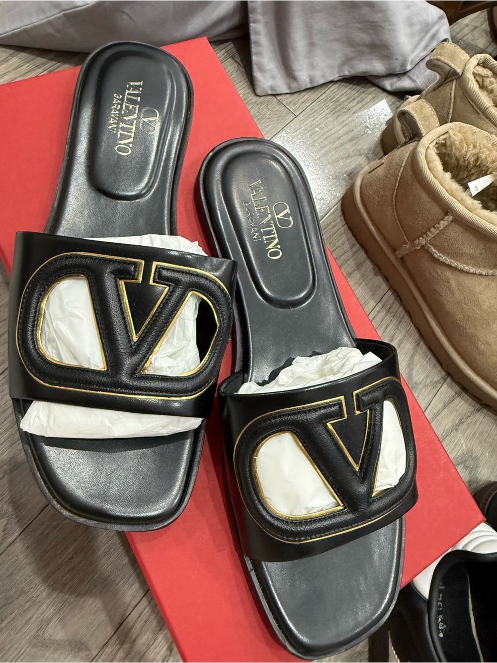 Valentino Black Leather Logo Slide Sandals with Gold Accent